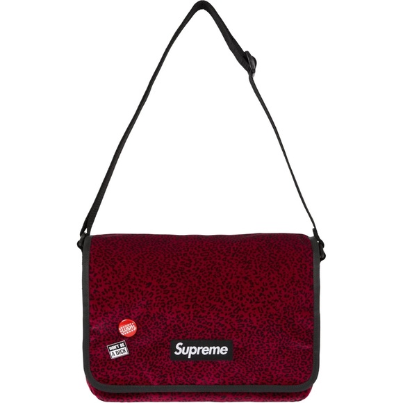 Supreme Velvet Small Messenger Bag Red Leopard FW25 Box Logo Pins Included